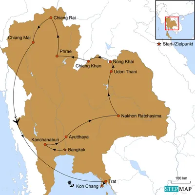 Karte mit Reiseroute zur Behind The Scenes Reise, Thailand Reise