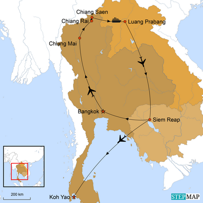 Reiseverlauf, Thailand Laos und Kambodscha Luxusreise Once in a Lifetime, Stepmap