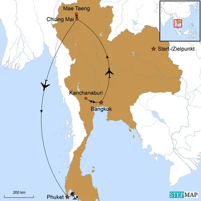 Reiseverlauf, Thailand Reise Familienabenteuer, Stepmap
